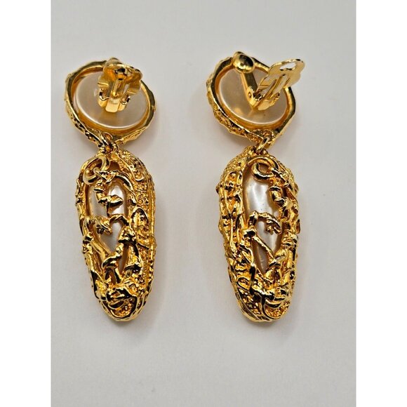 Vintage 1980s Ornate Gold and Faux Pearl Dangle Clip On Earrings 2.75" long - Picture 6 of 6